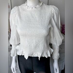 Farm Rio Peasant Top Cotton Pullover smocked peplum long sleeves in White Size M